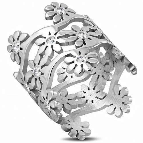 Stainless Steel Flower Link Wedding Band Ring w/ Clear CZ