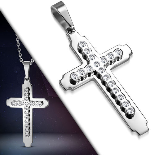 Stainless Steel Pave-Set Double Cross Pendant w/ Clear CZ