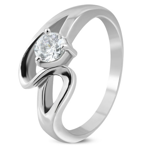 Stainless Steel Prong-Set Round Sirena Bypass Fancy Ring w/ Clear CZ