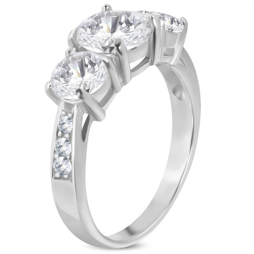 Stainless Steel Prong-Set 3-stone Engagement Ring w/ Clear CZ