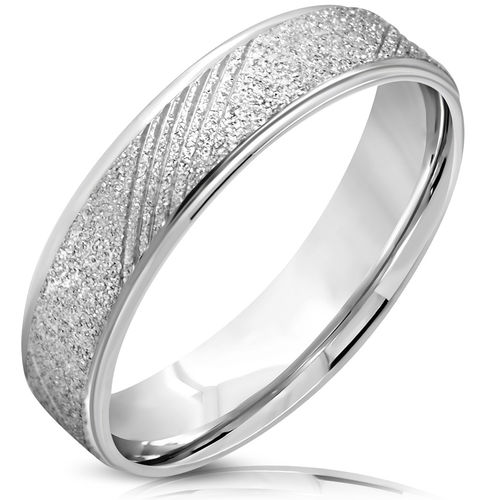 6mm | SS Sandblasted Diagonal Grooved Step-Edge Comfort Fit Half-Round Wedding Band Ring