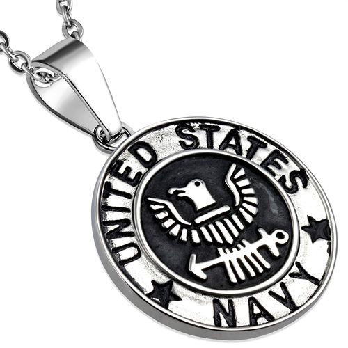 Stainless Steel 2-tone United States Navy Military Medallion Medal Biker Pendant