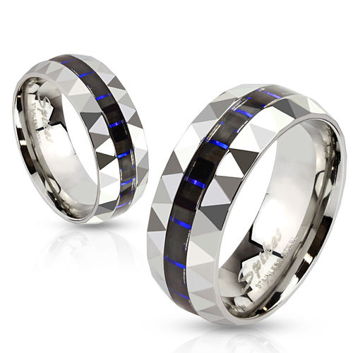 Blue and Black Carbon Fiber Inlay Stainless Steel Faceted Edge Band Ring