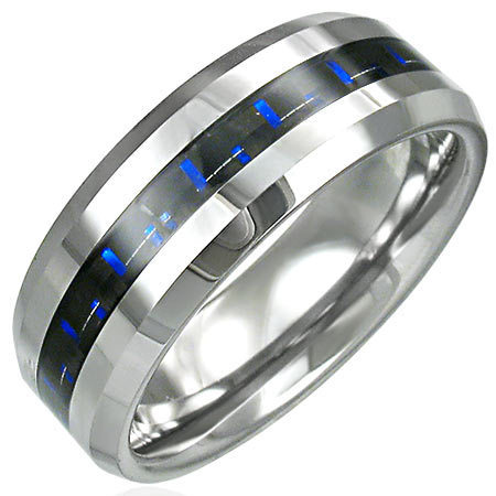 8mm I Tungsten Carbide Beveled Edge Comfort Fit Band Ring w/ Black & Royal Blue Carbon Fiber