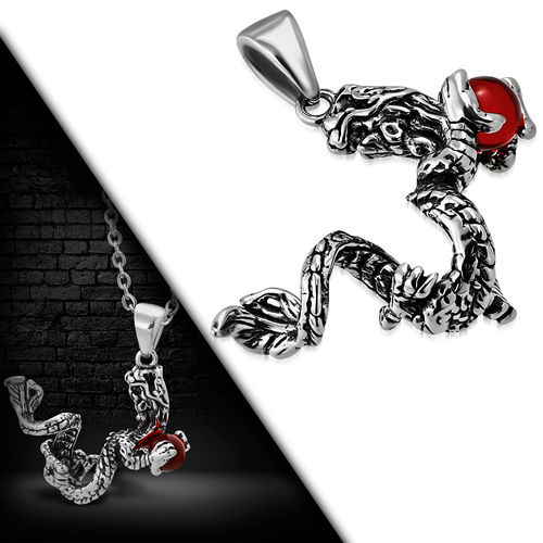 Stainless Steel 2-tone Spiral Dragon Chinese Zodiac Sign Biker Pendant w/ Red Ball