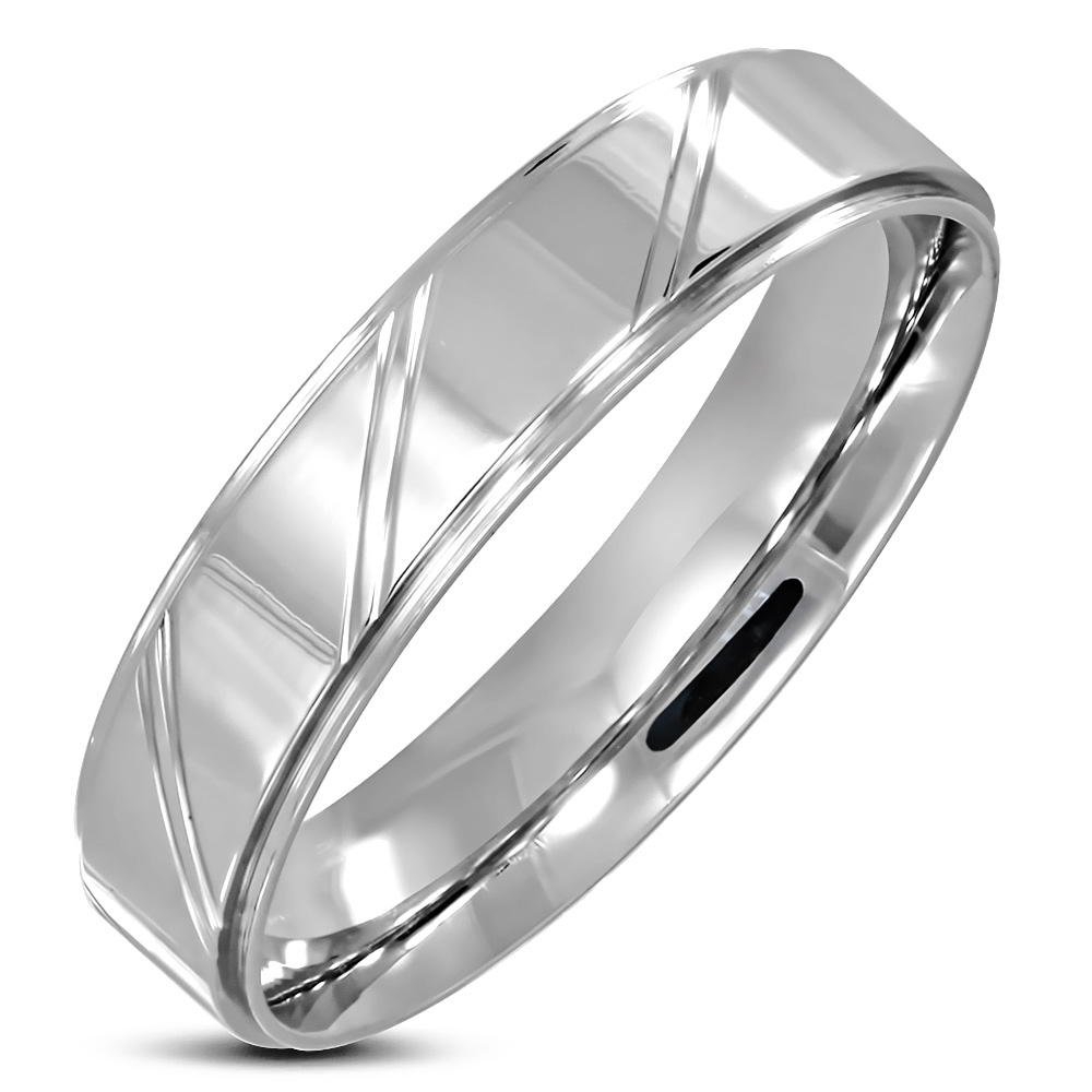 Stainless Steel Diamond-Cut Striped Step-Edge Comfort Fit Wedding Flat Band Ring 