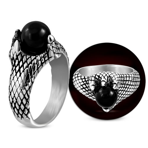 Stainless Steel 2-tone Dragon Eagle Claw Biker Ring w/ Black Agate Stone