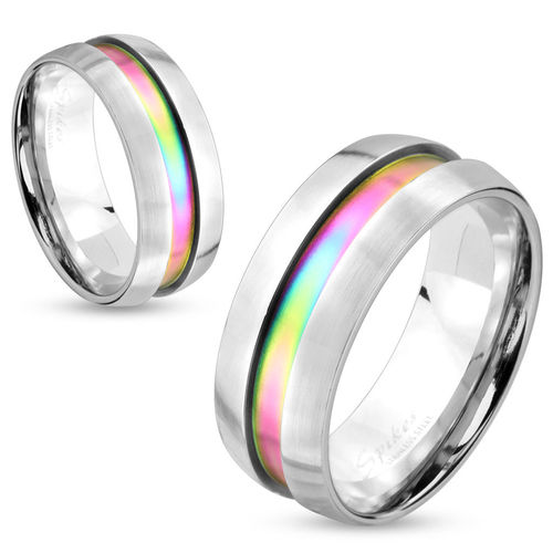 Dome Rainbow Center Inlay Stainless Steel Couple Ring