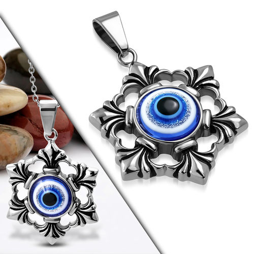 Stainless Steel 2-tone Evil Eye Fleur De Lis Flower Biker Pendant