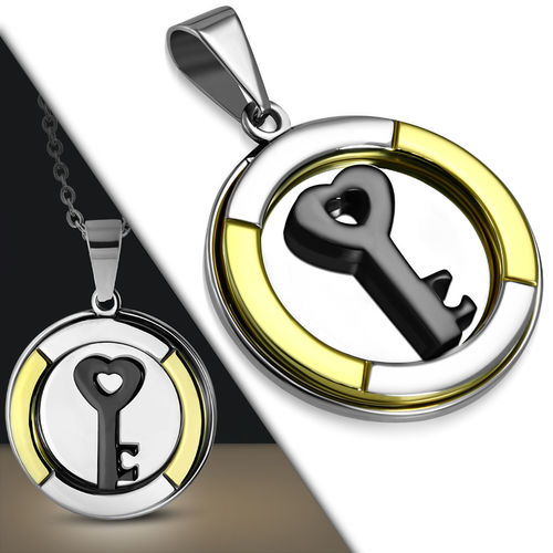 Stainless Steel 3-tone Heart Key Circle Charm Pendant