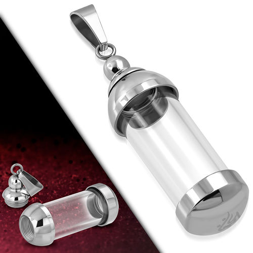Stainless Steel w/ Glass Memorial Ashes Urn Pill Case Cylinder Pendant