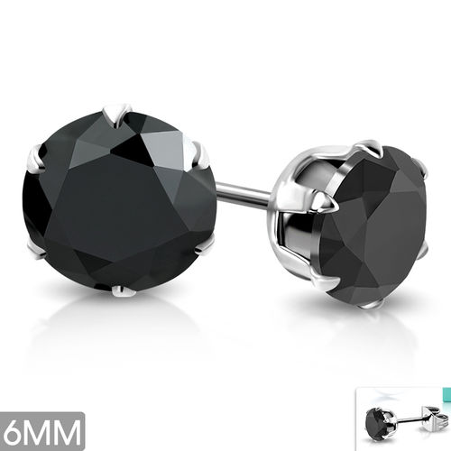 6mm | Stainless Steel Prong-Set Round Circle Stud Earrings w/ Jet Black CZ (pair)