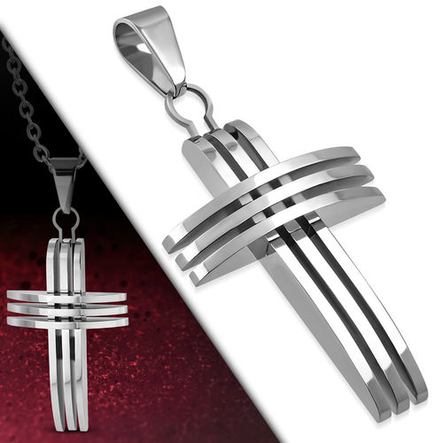 Stainless Steel Cut-out Geometric Ribbed Cross Pendant
