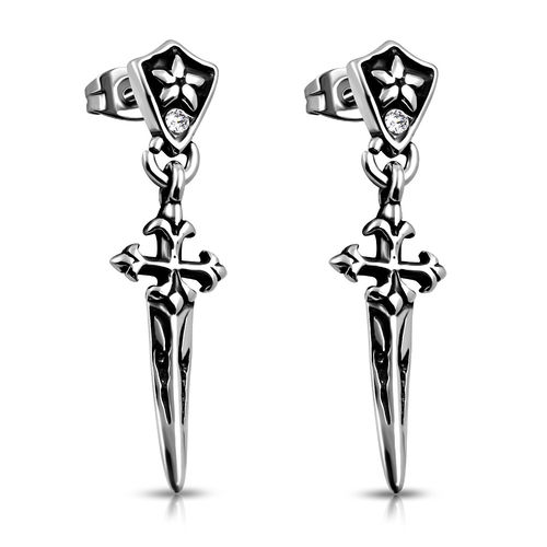 Stainless Steel 2-Tone Flower Shield Sword Cross Long Drop Biker Stud Earrings W/ Clear CZ (Pair)