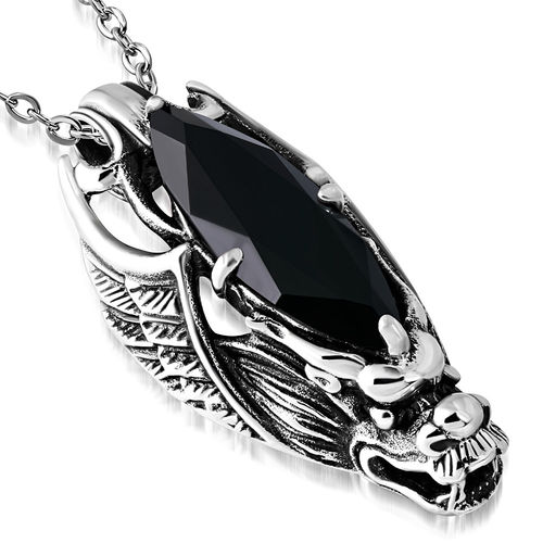Stainless Steel 2-Tone Crystal Dragon Wing Invisible Bail Biker Pendant W/ Faceted Jet Black CZ