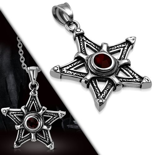Stainless Steel 2-Tone Pentagram Star Biker Pendant W/ Dark Red CZ
