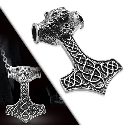 Large Stainless Steel 2-Tone Tiger Celtic Knot Thors Hammer Invisible Bail Biker Pendant