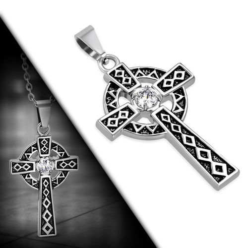 Stainless Steel 2-Tone Celtic Trinity Knot Clonmacnoise Cross Pendant W/ Clear CZ