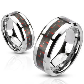 Black and Red Carbon Fiber Center Band Ring Stainless Steel