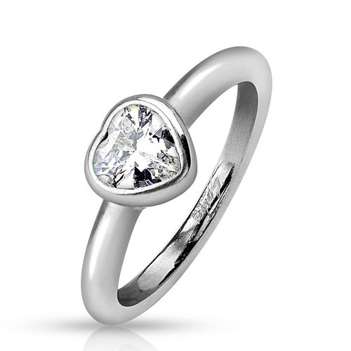 Bezel Heart Clear Gem Stainless Steel Ring